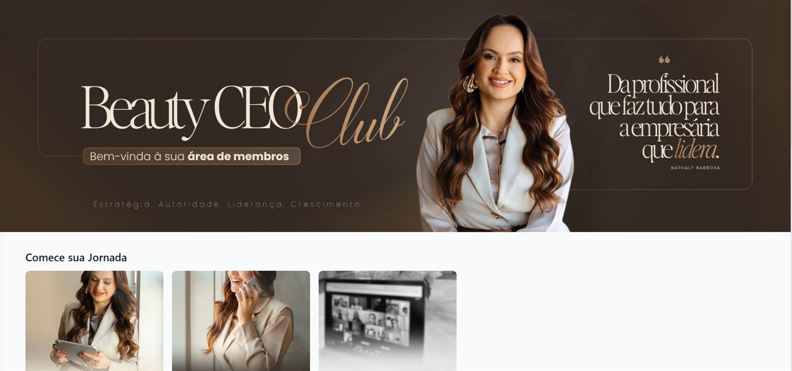 Área de membros do produto Beauty CEO Club, com Nathaly Barbosa em destaque.